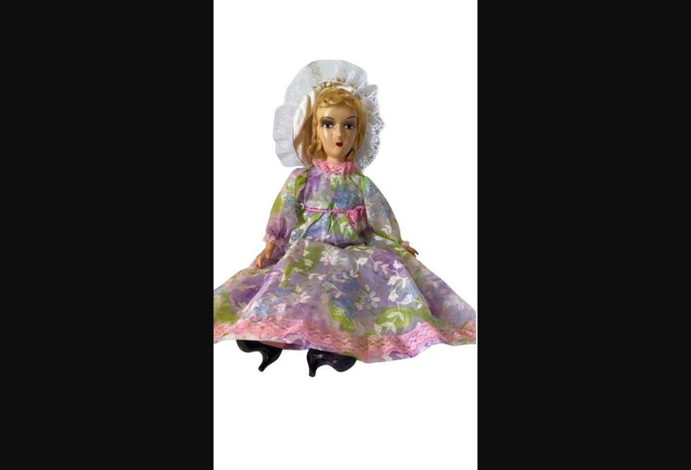 Antique Boudoir Doll in Purple Floral Dress & Bonnet